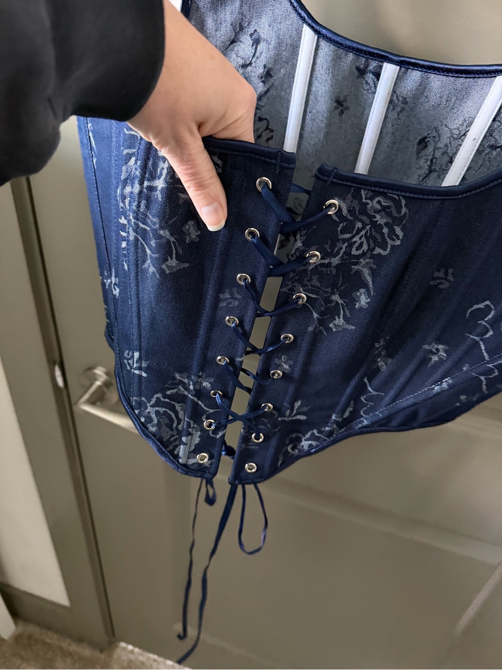 Handmade Navy Blue Corset Top, Renaissance Overbust, Front Lace Bustier - Picture 11 of 16